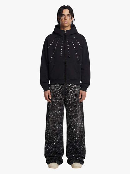 Retro Denim Full Rhinestone Design Baggy Jeans - 2545 