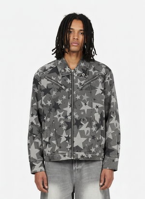Retro Star-Printed Motorcycle Harrington Denim Jacket 