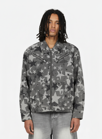 Retro Star-Printed Motorcycle Harrington Denim Jacket 