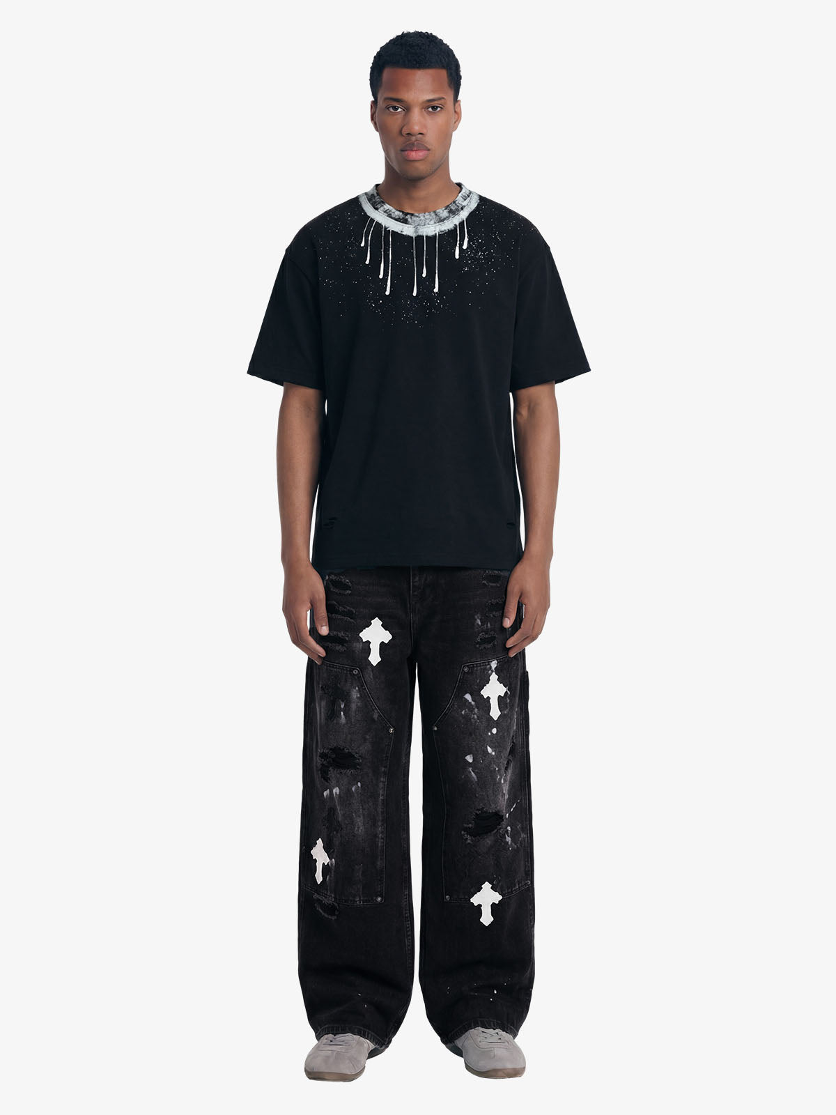 Distressed Cross Patchwork Baggy Denim Jeans 