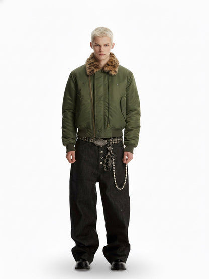 Retro Leopard Fur Collar Asymmetrical Zip Padded Jacket 