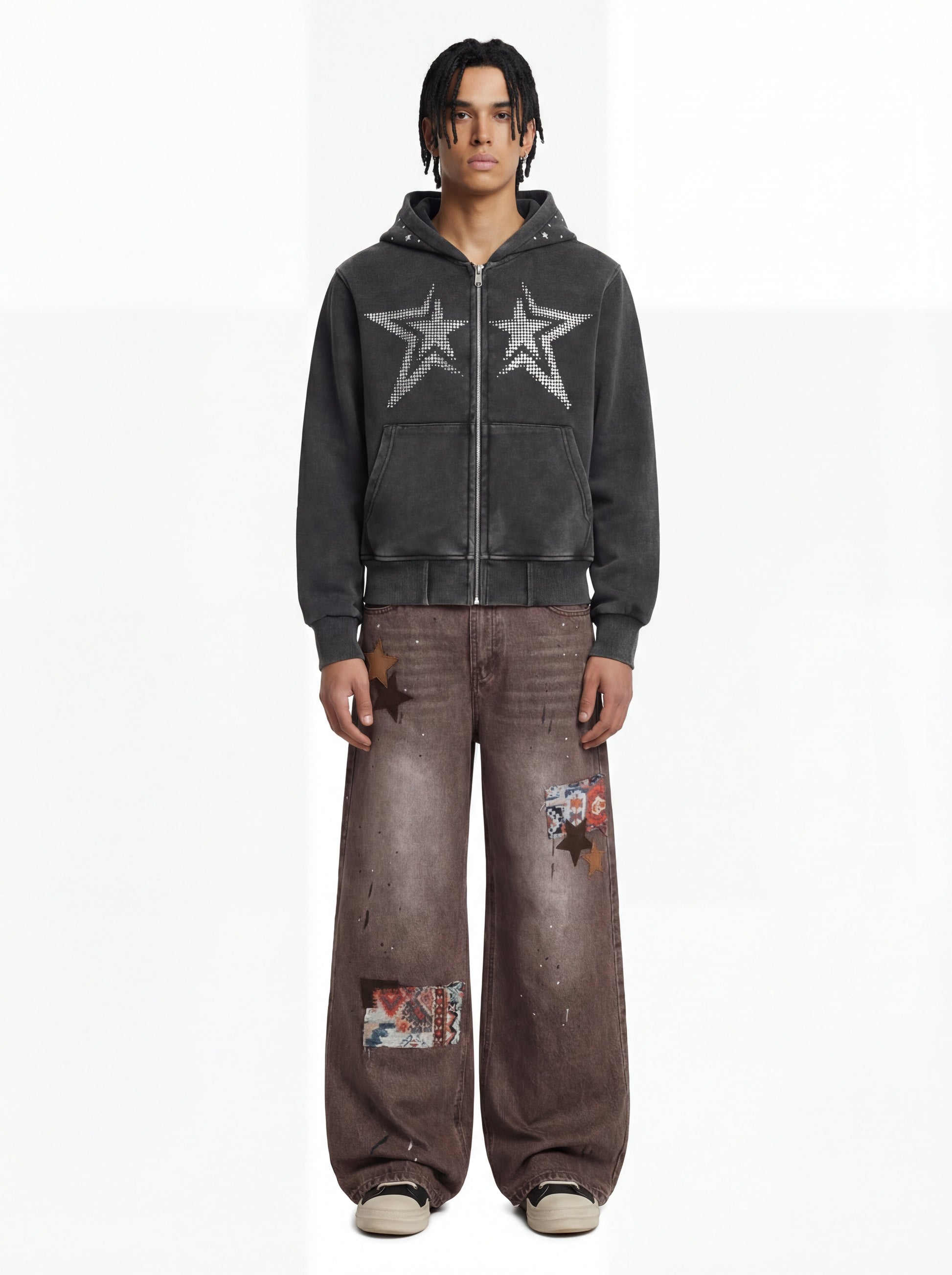 Retro Patchwork Washed Wide Leg Denim Jeans 