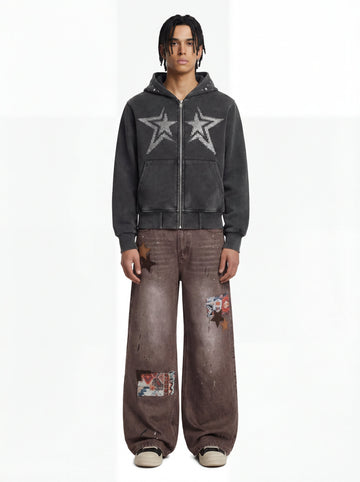 Retro Patchwork Washed Wide Leg Denim Jeans 