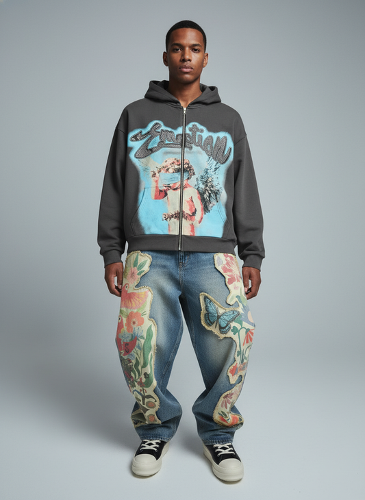 Vintage Blindfolded Angel Rhinestone Zip-Up Hoodie 