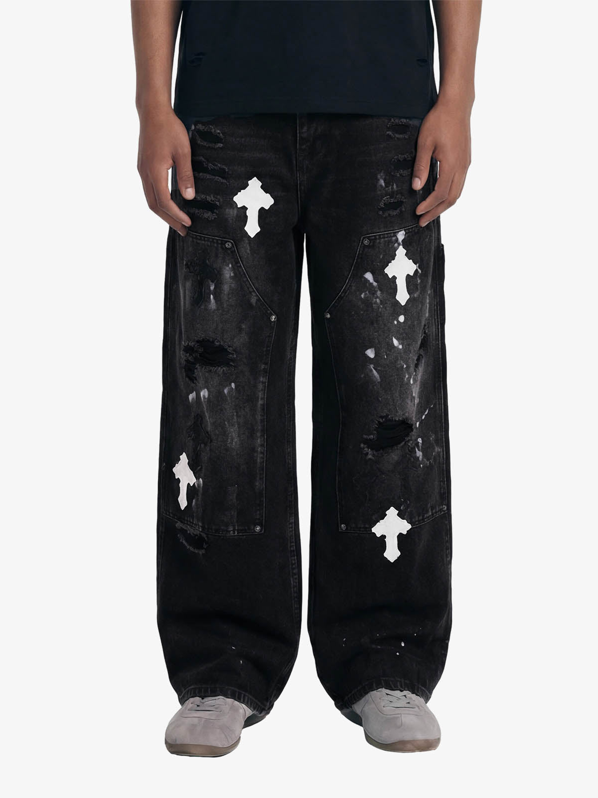 Distressed Cross Patchwork Baggy Denim Jeans 