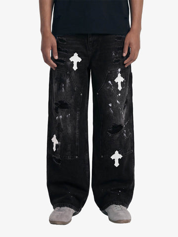 Distressed Cross Patchwork Baggy Denim Jeans - 2613 