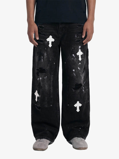 Distressed Cross Patchwork Baggy Denim Jeans 