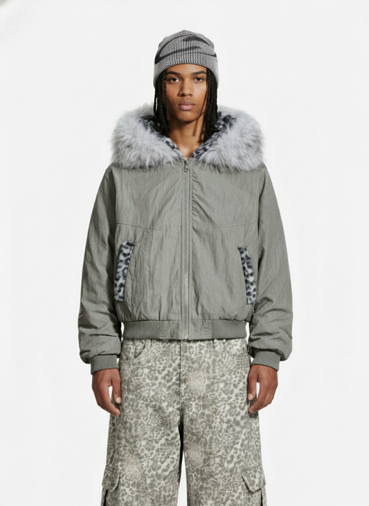 Vintage Detachable Faux Fur Collar Leopard Fleece Bomber Jacket 