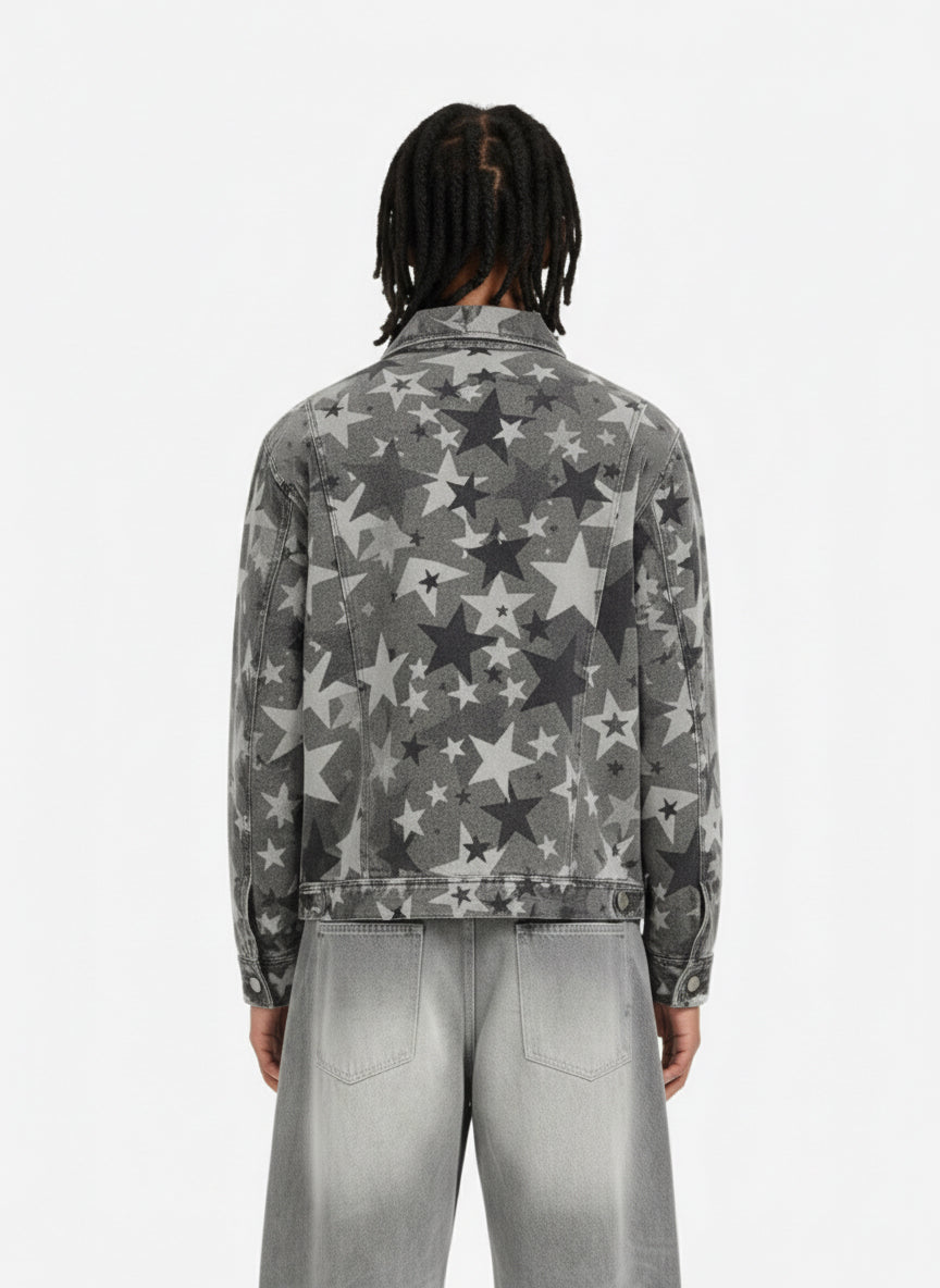 Retro Star-Printed Motorcycle Harrington Denim Jacket 