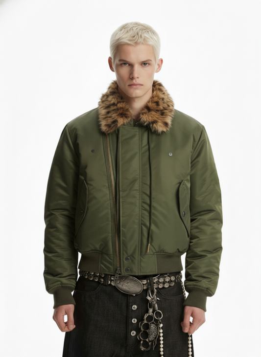 Retro Leopard Fur Collar Asymmetrical Zip Padded Jacket 