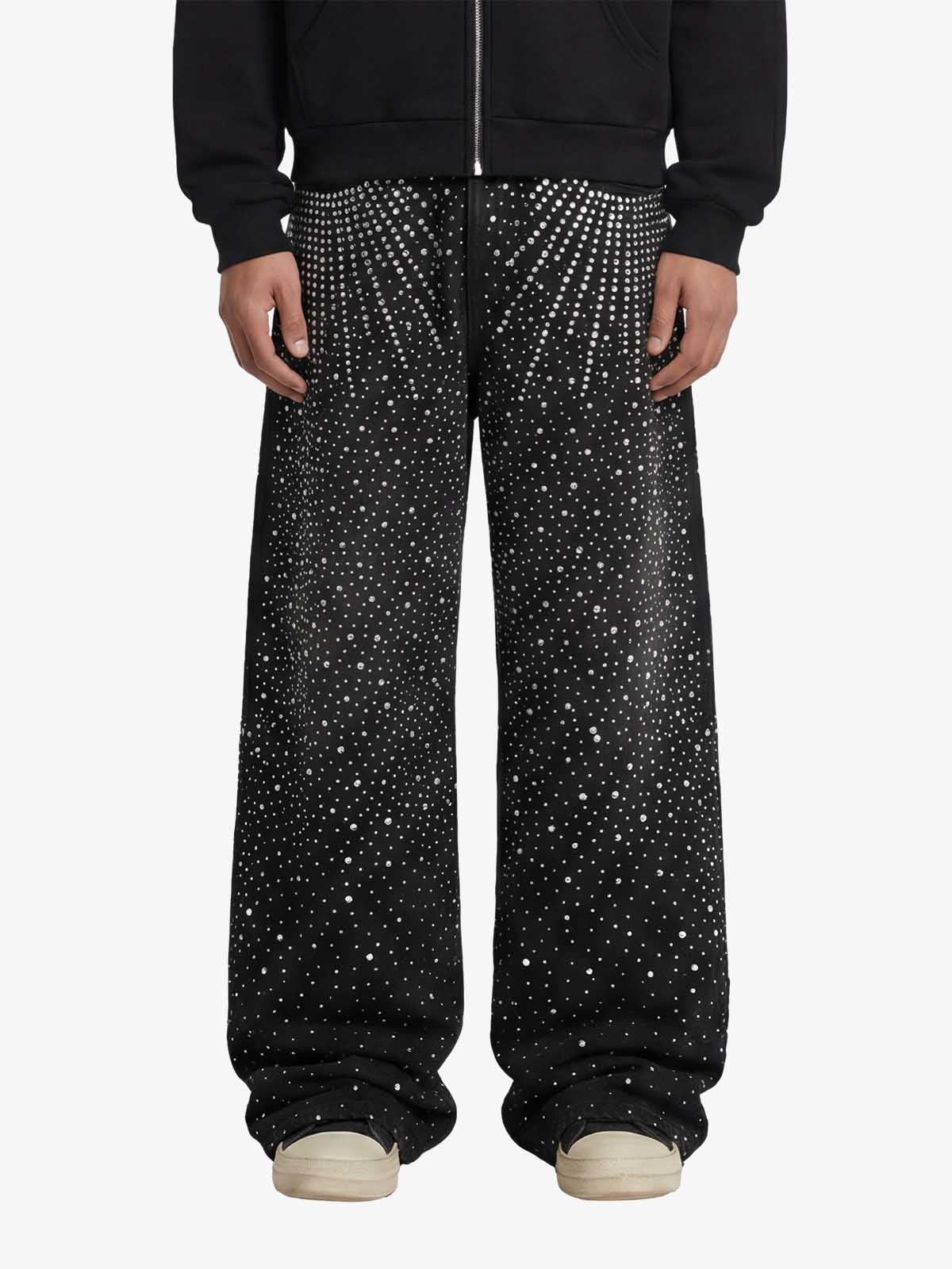Retro Denim Full Rhinestone Design Baggy Jeans - 2545 