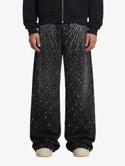 Retro Denim Full Rhinestone Design Baggy Jeans - 2545 