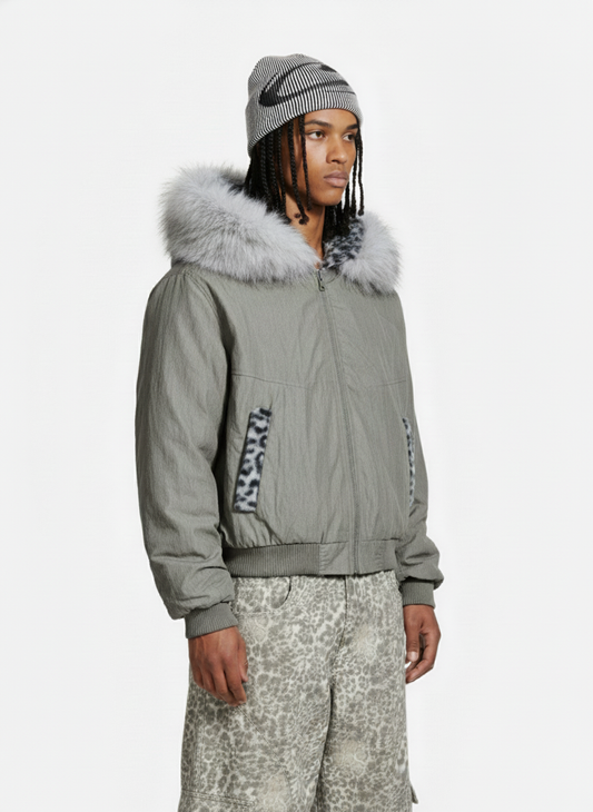 Vintage Detachable Faux Fur Collar Leopard Fleece Bomber Jacket 