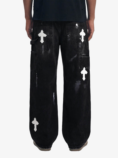Distressed Cross Patchwork Baggy Denim Jeans 