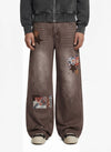 Retro Patchwork Washed Wide Leg Denim Jeans 