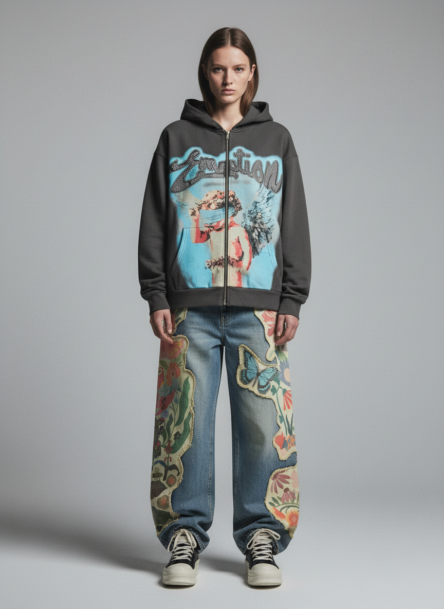 Vintage Blindfolded Angel Rhinestone Zip-Up Hoodie 