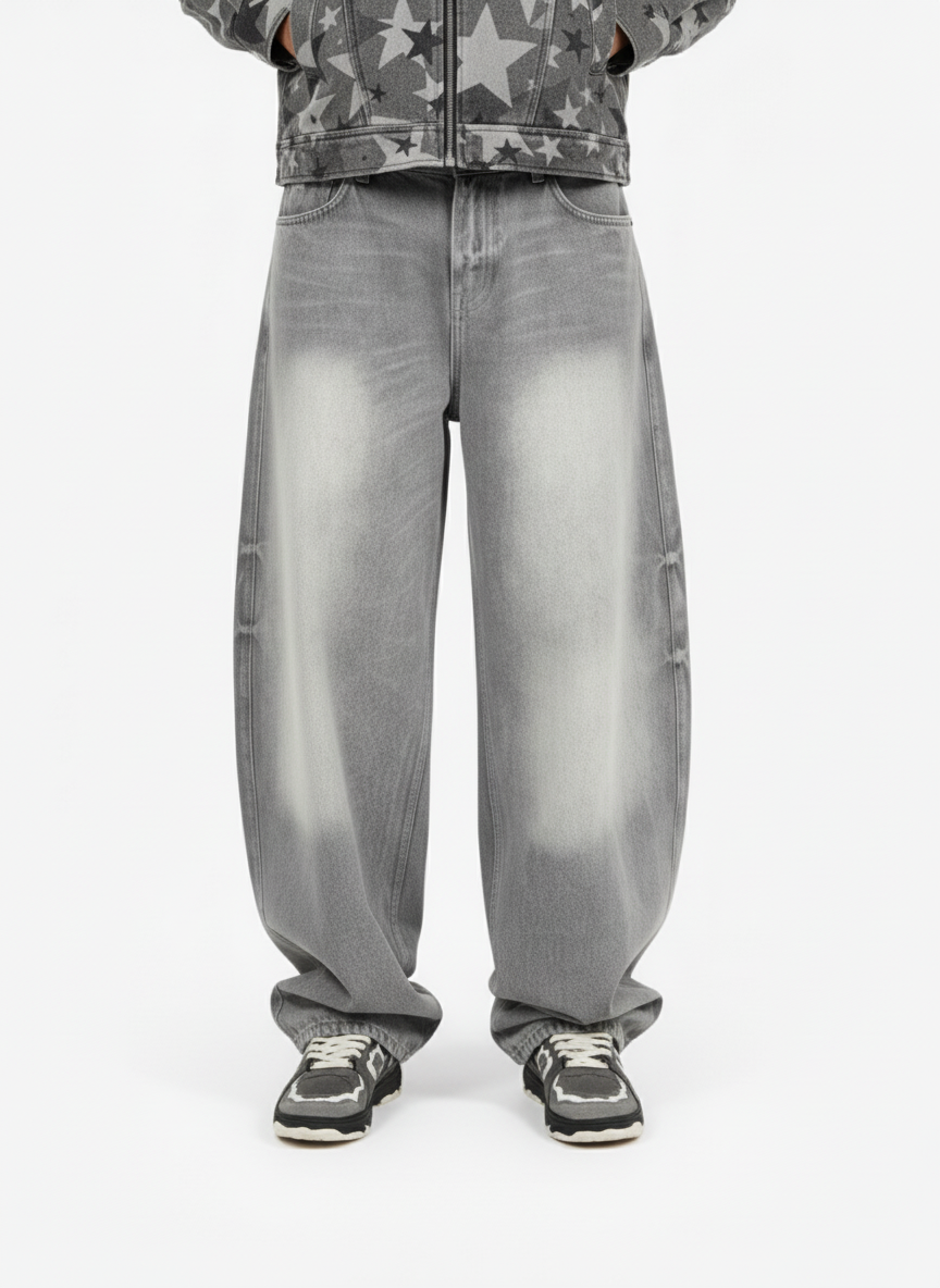 Retro Washed Distressed Curved Blade Wide-Leg Jeans 