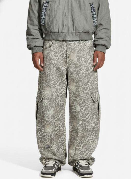 Light Leopard Print Wide-Leg Cargo Barrel Pants 