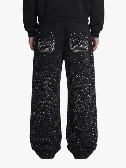 Retro Denim Full Rhinestone Design Baggy Jeans - 2545 