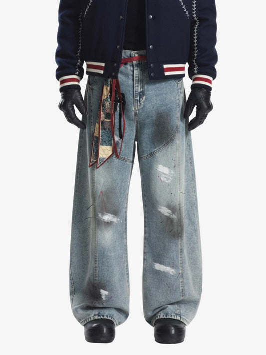 Vintage Paint-Splatter Scarf Tie Barrel Jeans