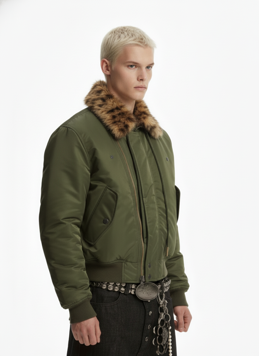 Retro Leopard Fur Collar Asymmetrical Zip Padded Jacket 