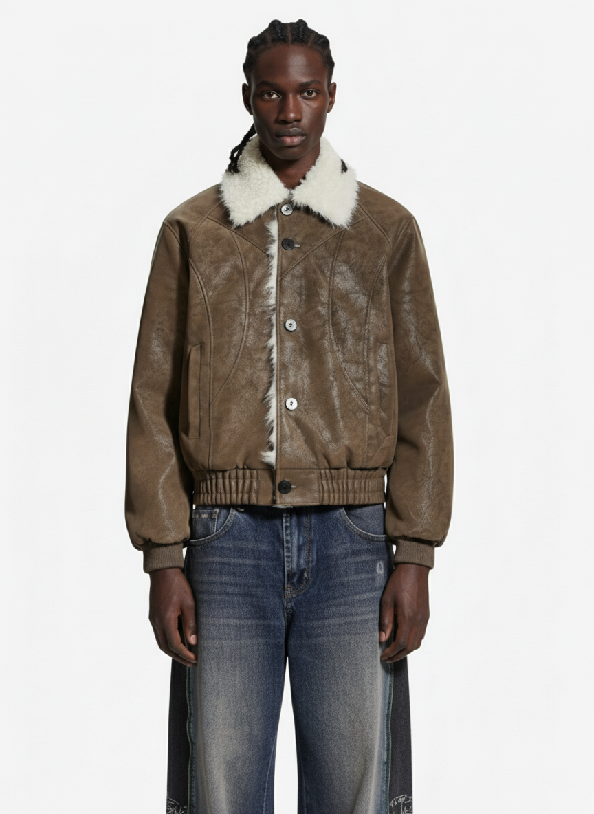 Retro Faux Suede Fur Lined Button-Up Bomber Jacket 