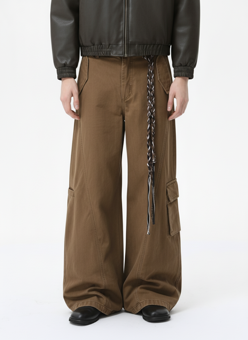 Washed Cargo Webbing Barrel Pants 