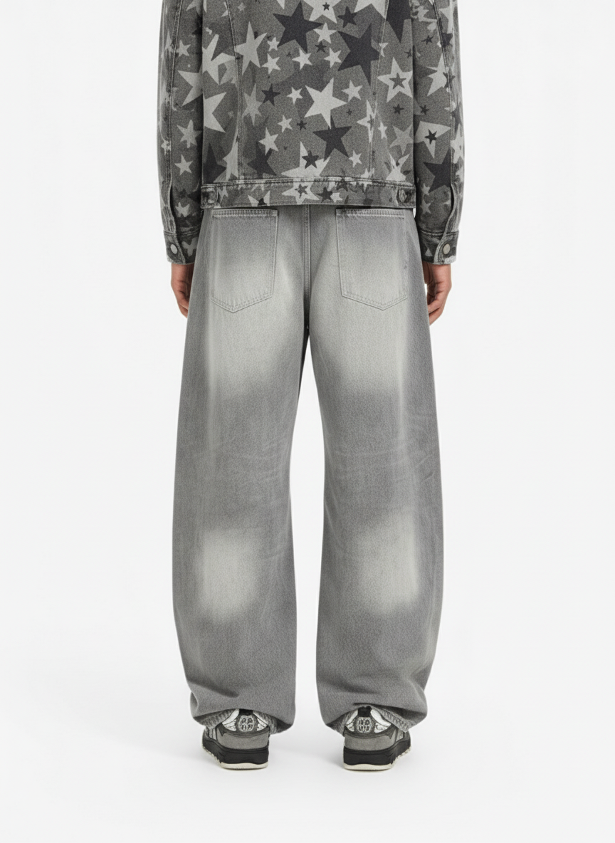 Retro Washed Distressed Curved Blade Wide-Leg Jeans 