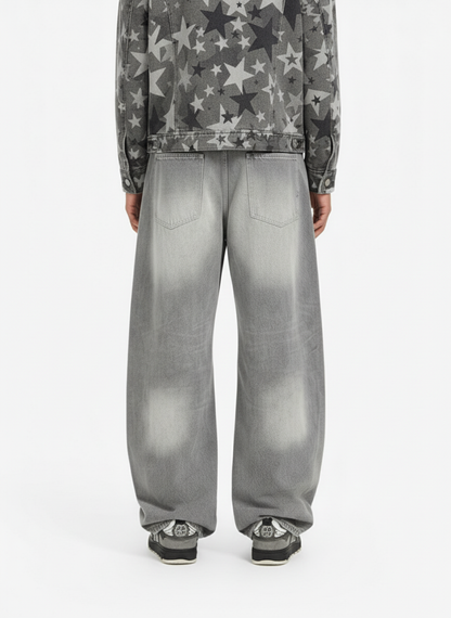 Retro Washed Distressed Curved Blade Wide-Leg Jeans 