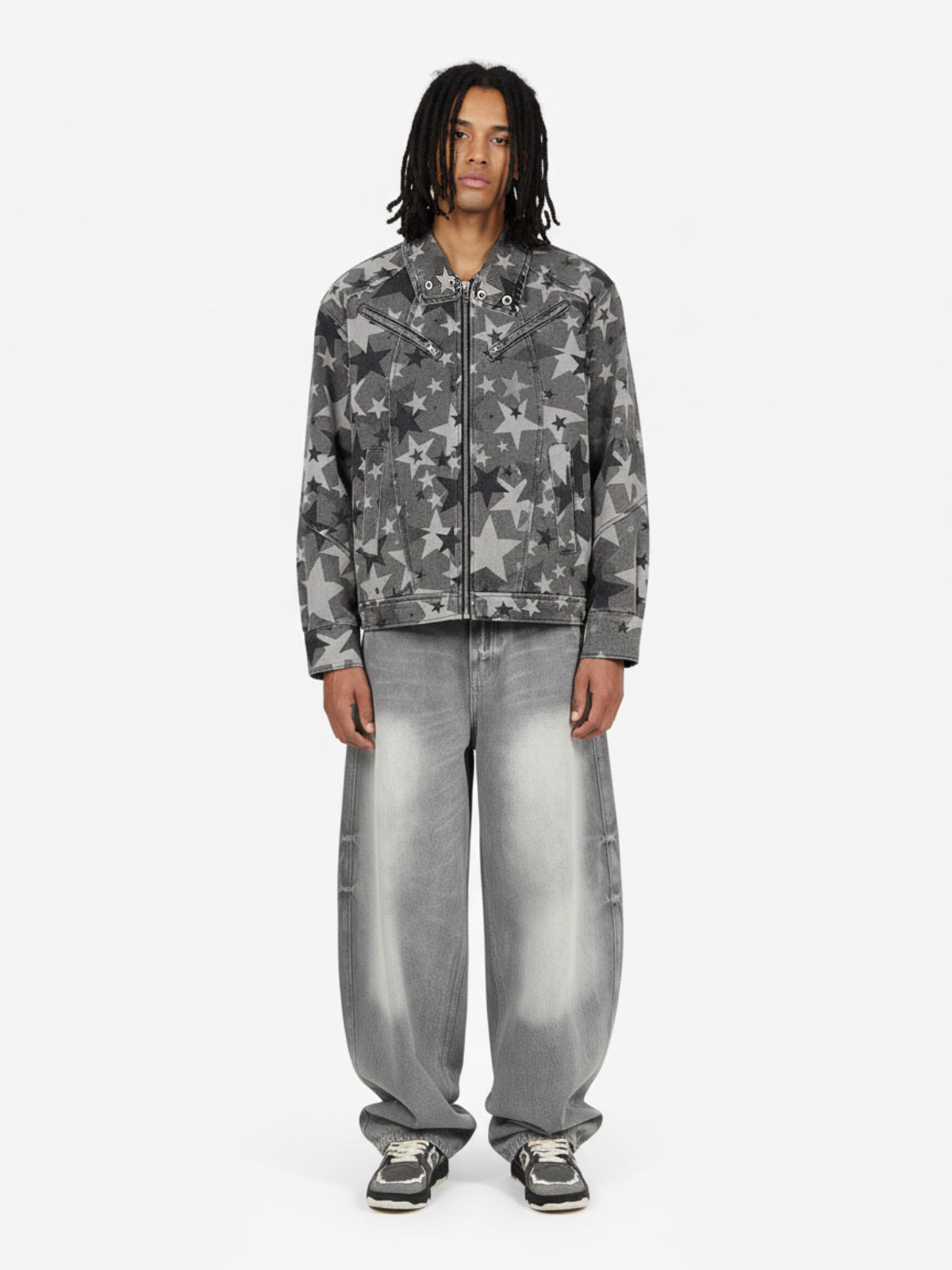 Retro Washed Distressed Curved Blade Wide-Leg Jeans 