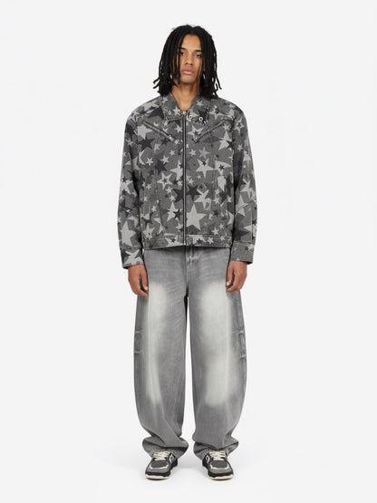 Retro Star-Printed Motorcycle Harrington Denim Jacket 