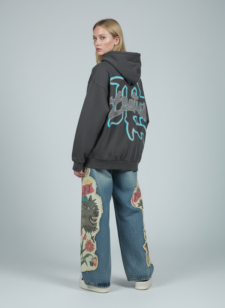 Vintage Blindfolded Angel Rhinestone Zip-Up Hoodie 