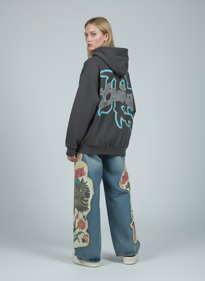 Vintage Blindfolded Angel Rhinestone Zip-Up Hoodie 