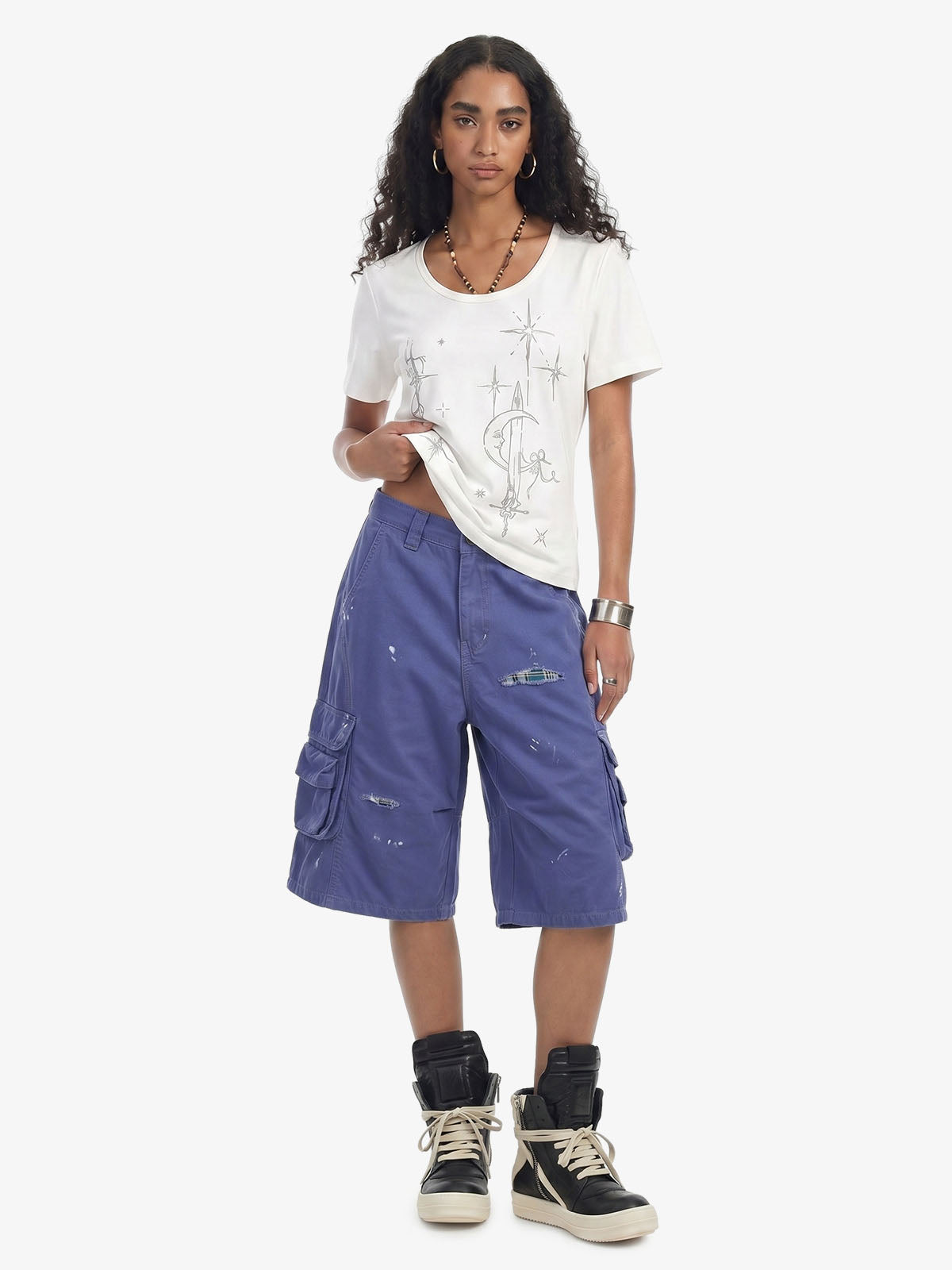Vintage Distressed Multi Pocket Wide Leg Cargo Shorts 