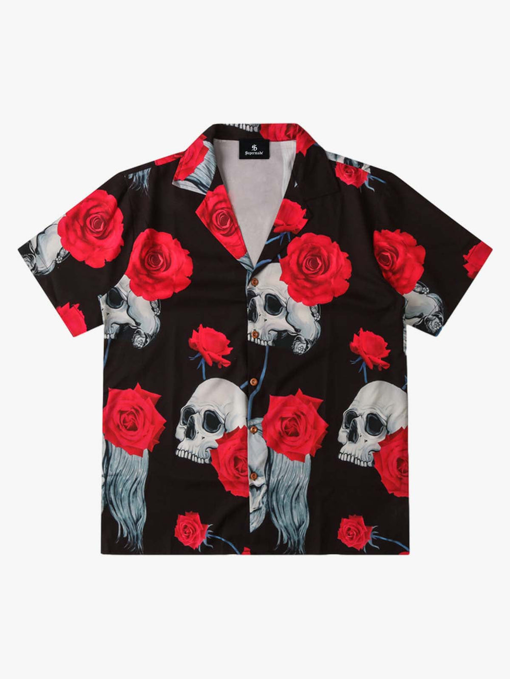 Gothic Skull Rose Camp Collar Boxy Shirt 