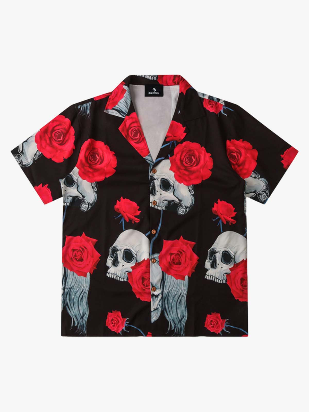 Gothic Skull Rose Camp Collar Boxy Shirt 