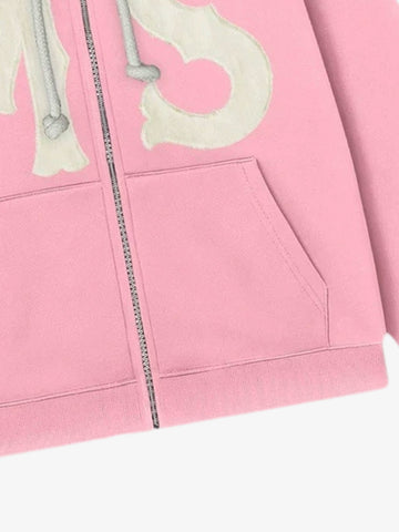 Letter Flocked Hooded Cardigan Sweatshirt