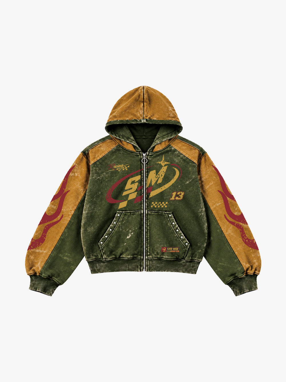 Washed Flame Graphic Zip-Up Hoodie