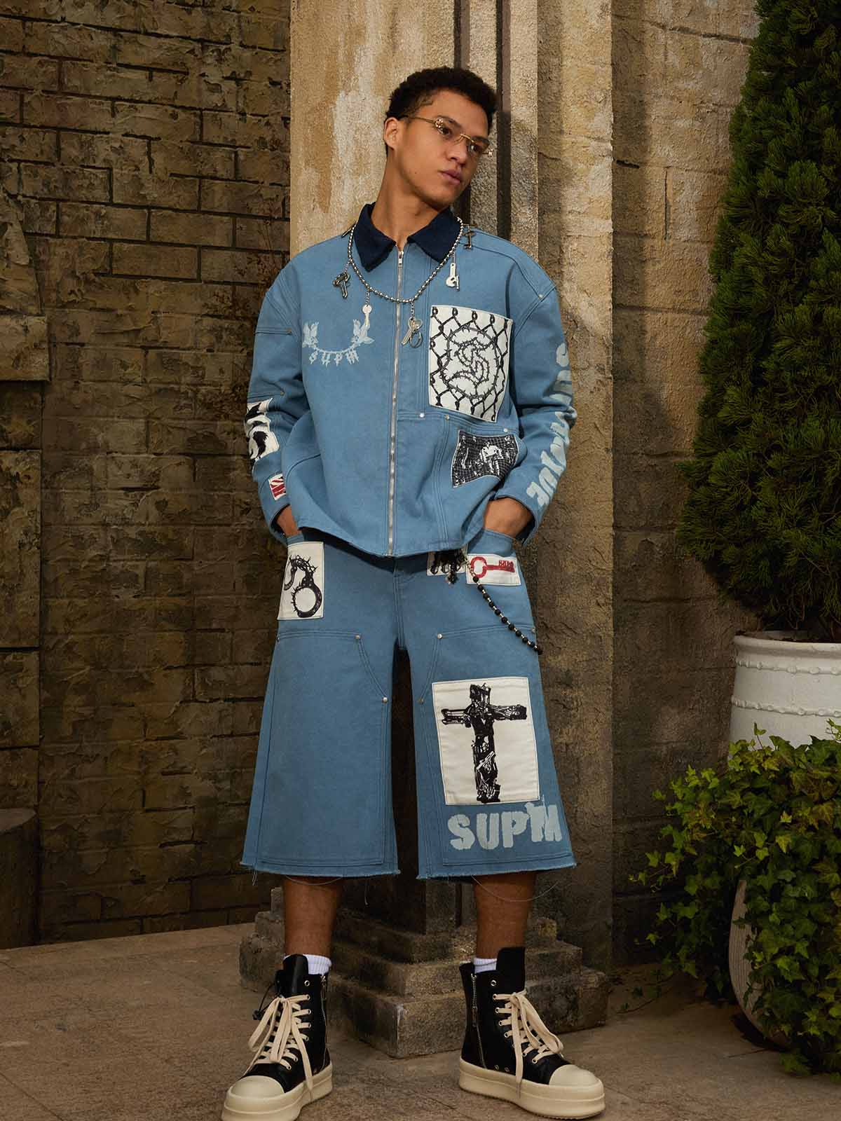 Supermade Multi-Element Appliqué Patchwork Denim Suit 