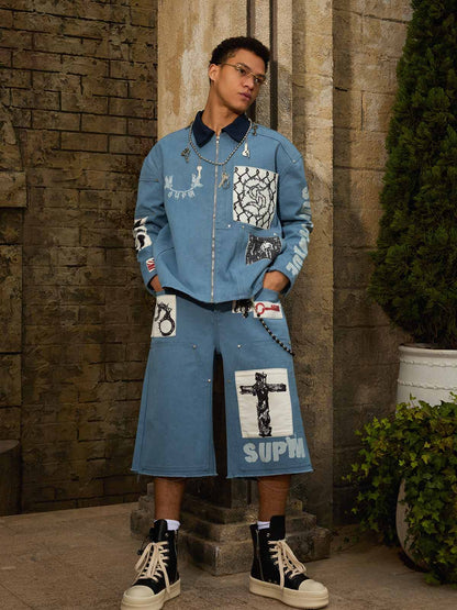 Supermade Multi-Element Appliqué Patchwork Denim Suit 