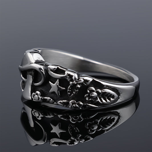 Sterling Silver Dragon Ring with Star and Flower Design Men's Gothic Jewelry 