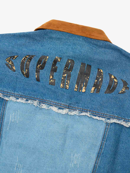 Thesupermade Flame-themed Deconstructed Color-contrast Reconstructed Distressed Raw-edge Denim Jacket 