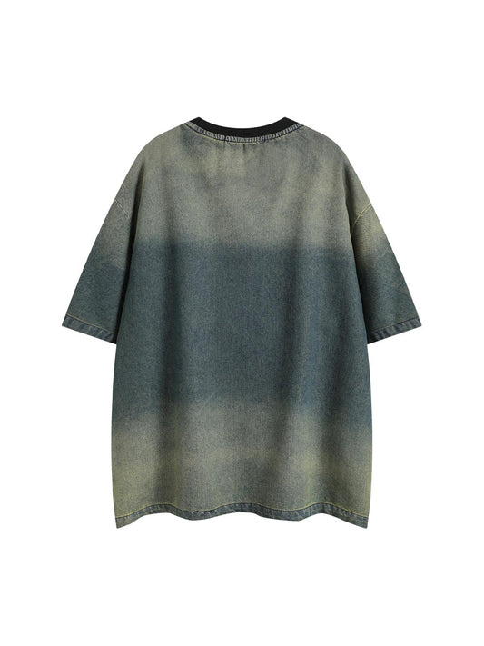 Distressed Washed Patchwork Gradient Denim T-shirt 