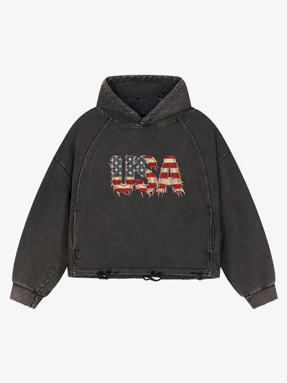 Patchwork Graphic Washed Cropped Sweatshirt