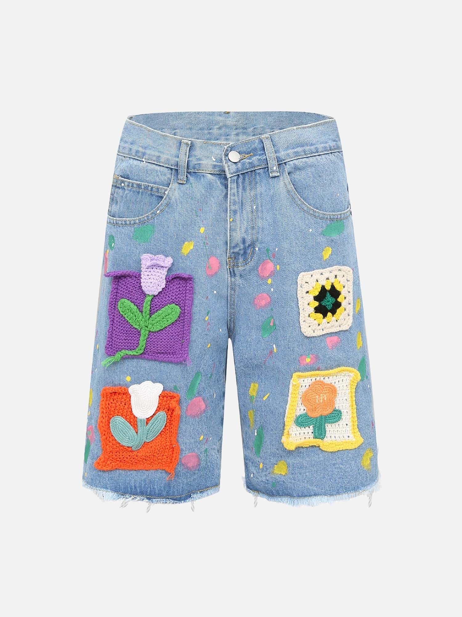 American Street Patch Flower Embroidered Cat Whiskers Denim Shorts