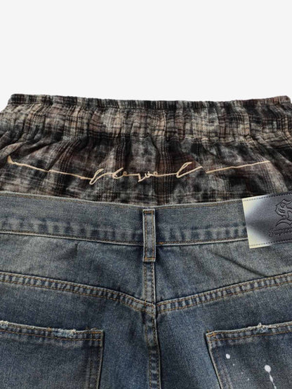 Denim Patchwork Wide Leg Pants with Drawstring Waist and Distressed Details 