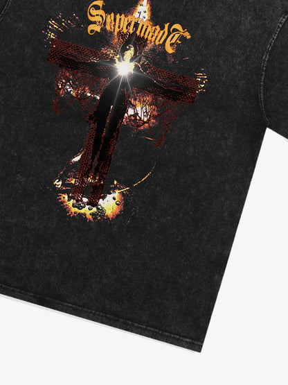 THE SUPERMADE Gothic Flame Cross Graphic T-Shirt for Bold Statement Wear 