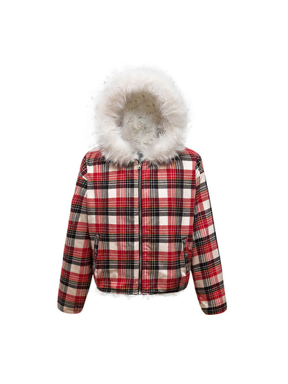 Plaid Sherpa Lined  Fur Hooded Jacket 