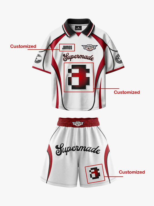 Retro Japanese-Style Red & White Pixel Print Custom Jersey Set