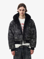 Floral Camo Faux-Fur Collar Padded Bomber Coat
